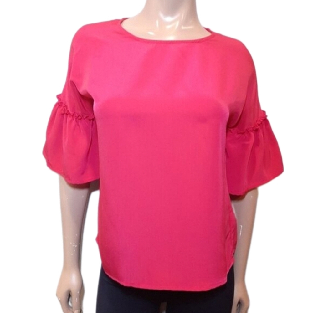 URBAN HERITAGE Satin Bell Sleeve Blouse Flare Ruffle Barbie Hot Pink Top
